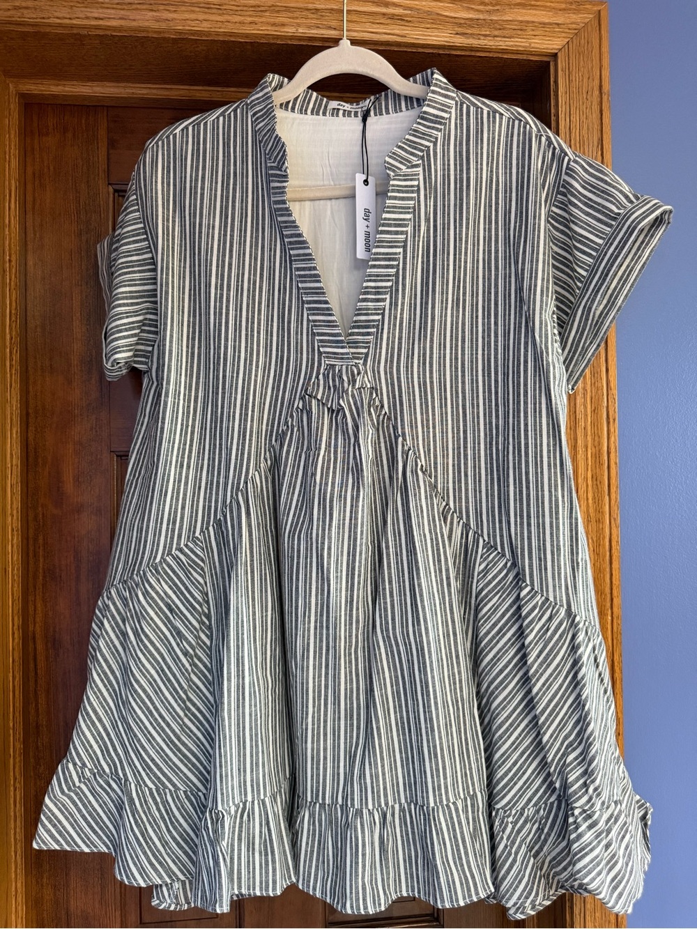 Day + Moon Striped V-Neck Ruffle Hem Mini Dress - Black & White, Size Medium